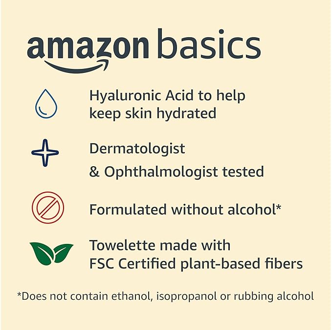 Amazon Basics Makeup Remover Wipes, Gentle Cleansing, Dermatologist Tested, Hydrating with Hyaluronic Acid, Plant-Based, Alcohol-Free, Removes Waterproof Mascara, No-Rinse Formula, 25 Count, 6-Pack