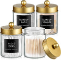 SheeChung Qtip Dispenser Holder 4pcs, Glass Apothecary Jars with Gold Stainless Steel Lids &Stickers, Countertop Canister Guest Bathroom Storage Organizer Set for Cotton Swabs/Balls/Pads, Floss Picks