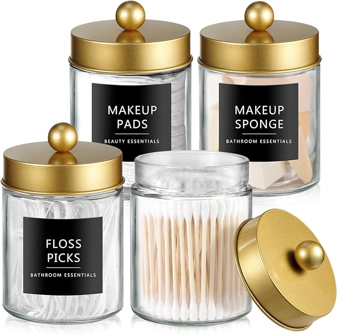 SheeChung Qtip Dispenser Holder 4pcs, Glass Apothecary Jars with Gold Stainless Steel Lids &Stickers, Countertop Canister Guest Bathroom Storage Organizer Set for Cotton Swabs/Balls/Pads, Floss Picks