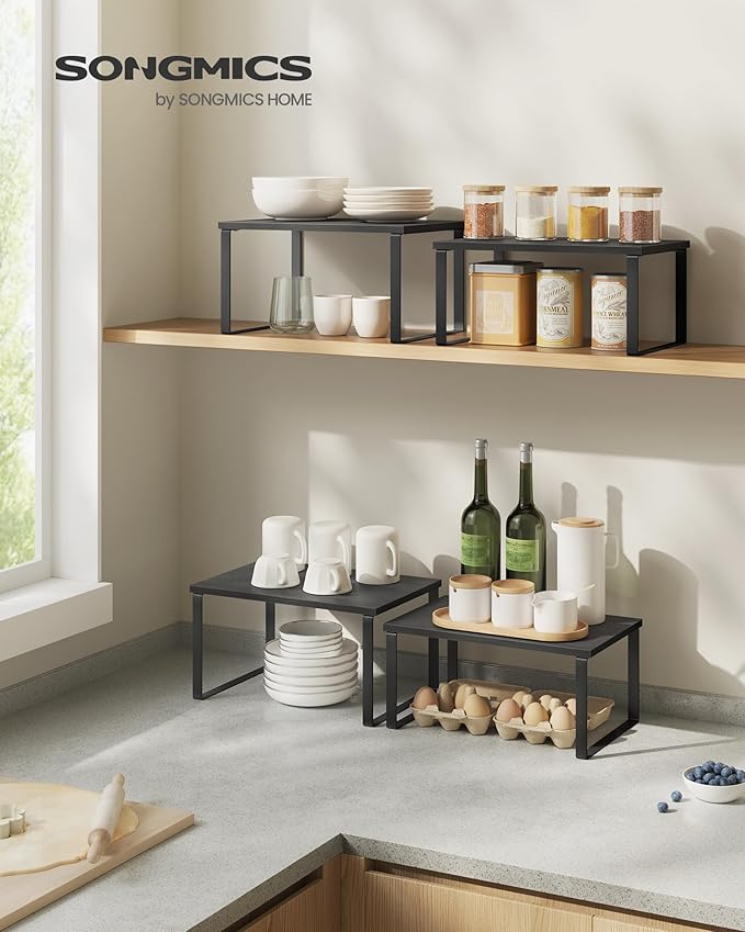 SONGMICS Cabinet Organizer Shelf, Set of 2 Kitchen Counter Shelves, Kitchen Storage, Spice Rack, Stackable, Expandable, Metal and Engineered Wood, 11.7 Inches, Ink Black and Charcoal Black UKCS02B01