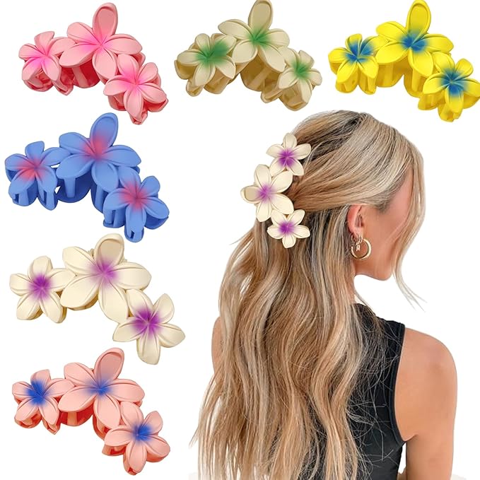 YONOY 6Pcs Flower Hair Clips for Women,Non-Slip Matte Flower Hair Clips for Women,Hawaiian Hair Flower Clip Large Plumeria Strong Hold Hair Claws Banana Cute Clip Beach Hair Accessories