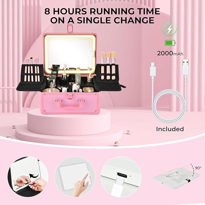 GALHUBIS Makeup Case with Lighted Mirror, Makeup Box Organizer with Detachable LED Mirror, Travel Makeup Train Case, Waterproof Cosmetic Organizer, Standing Brush Holder, Gift, Pink
