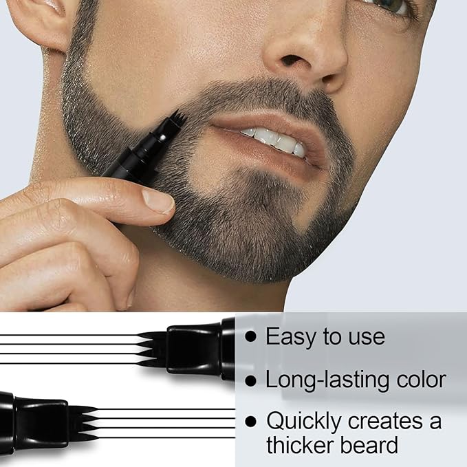 GEUUFEA Beard Pen Filler Styling Kit for Men, 4-tip Beard Filler Pencil (Black), Soft Cotton Tip, Long Lasting Waterproof, Beard Stick Beard Shadow, Beard Shaping Tool for Hairline and Beard Fillers