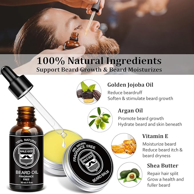 MALE GOD Beard Kit for Men's Grooming & Care, Natural Ingredients Beard Oil, Balm, Brush, Comb, Stocking Stuffers for Adult Men, Chirismtas & Birthday Gifts for Men Dad Him Husband Boyfriend Brother