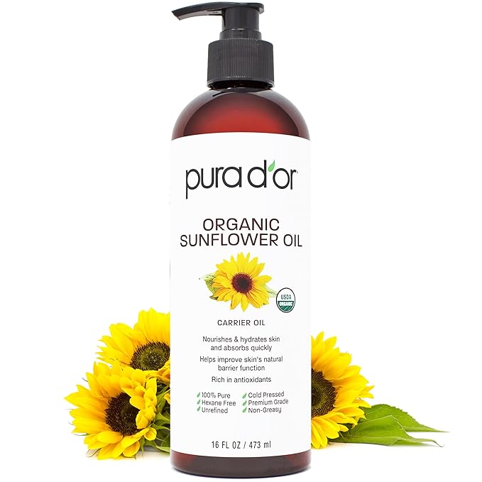 PURA D'OR ORGANIC Sunflower Seed Oil (16 Oz) 100% Pure & Natural USDA Certified Cold Pressed Carrier Oil For DIY Beauty - Unscented, Hexane Free Liquid Moisturizer - Face Skin & Hair