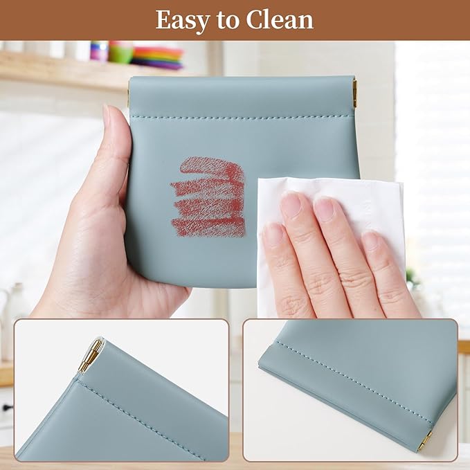 MEIBOOCH 2 Pack Small Makeup Bag for Women, New Organosilicon Super Fiber PU Leather Mini Cosmetic Bag for Travel, Coin Purse Organizer Storage Pouch (No Phrase Printed, Blue)