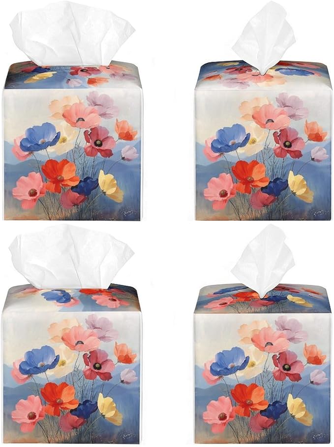 Floral Tissue Box Cover Leather Tissue Box Holder Square Facial Paper Organizer Dispenser for Bathroom Kitchen Bedroom Vanity Countertop Night Stands