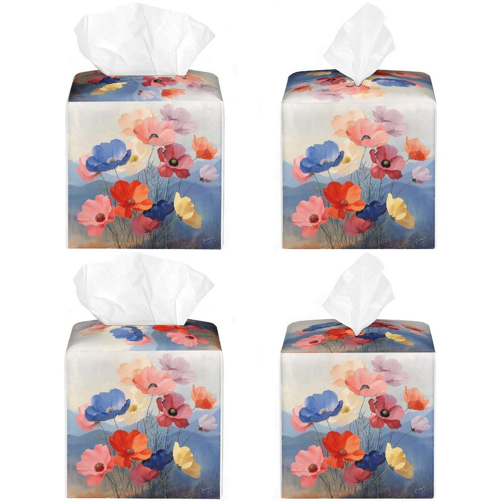 Floral Tissue Box Cover Leather Tissue Box Holder Square Facial Paper Organizer Dispenser for Bathroom Kitchen Bedroom Vanity Countertop Night Stands