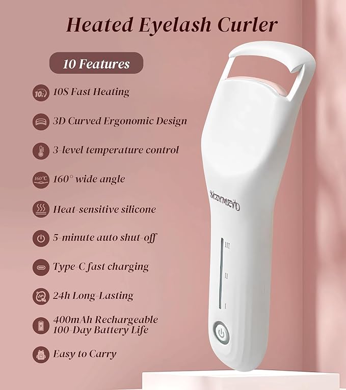 Heated Eyelash Curler, Eyelash Curlers with 3 Temp Settings, 10S Quick Heat-Up, 24H Long-Lasting Natural Curl, Type-C Recharge, Mini Electric Eyelash Curler for Women - White