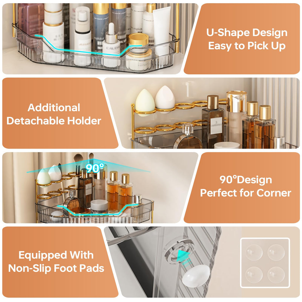 ZZWILLB Corner Bathroom Counter Organizer with Makeup Brush Holder & Toothbrush Holders, Makeup Organizer for Vanity Countertop, Acrylic Skincare Storage Shelf (Grey, 3-Tier)