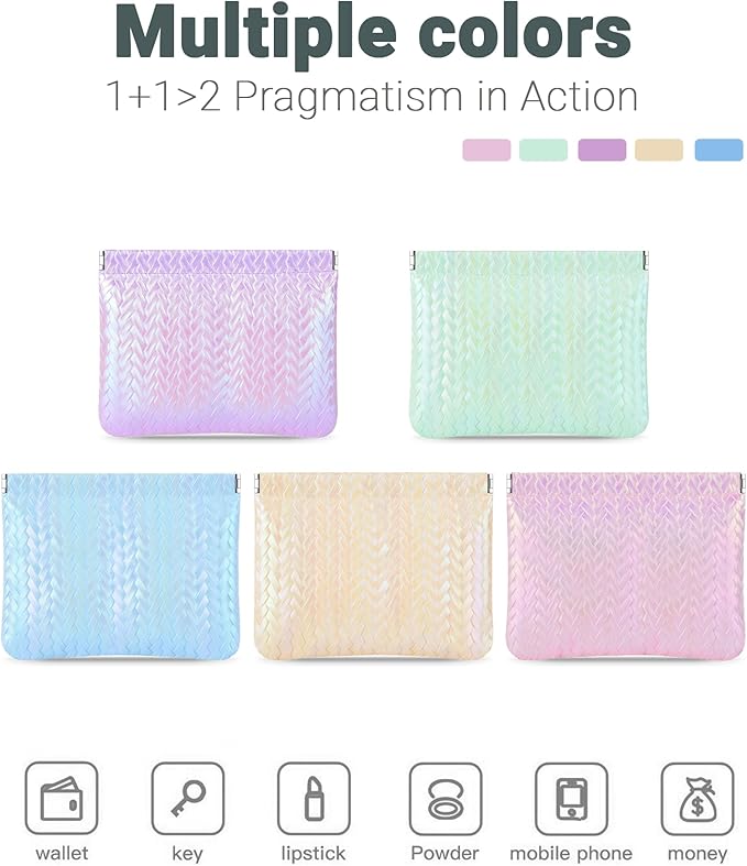 MXXUUOOM 2 Pack Small Makeup Bag for Purse Leather Cosmetic Pouch Organizer, Snap Closure Holographic Woven Makeup Bag, Mini Lipstick Coin Pouch, Travel Makeup Organizer for Women yellow