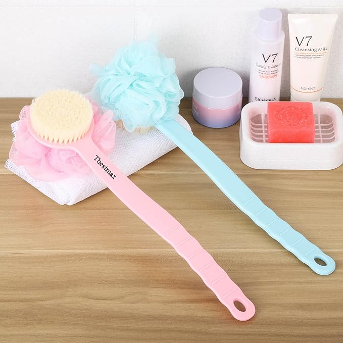 Tbestmax Loofah Back Scrubber Long Handle Shower Body Brush with Soft Mesh Sponge for Women Skin Exfoliating Bath, Massage