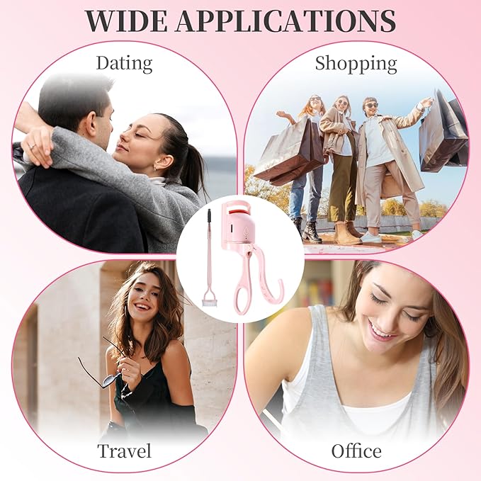 Heated Eyelash Curler, Rechargeable Electric Eyelash Curlers Fast Heat Up in 5s for 24 Hours Long Lasting, C-Shaped Safe Anti-Burn Quick Natural Eyelash Separator Tool Lash Comb (Pink)