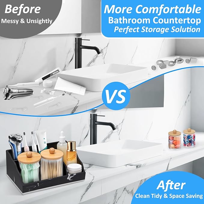 Bathroom Counter Organizer, Black Marble Toothbrush Holders for Bathrooms with 2PCS Qtip Holder, Bathroom Organizer Countertop Toothbrush and Toothpaste Holder for Makeup Organizer for Vanity