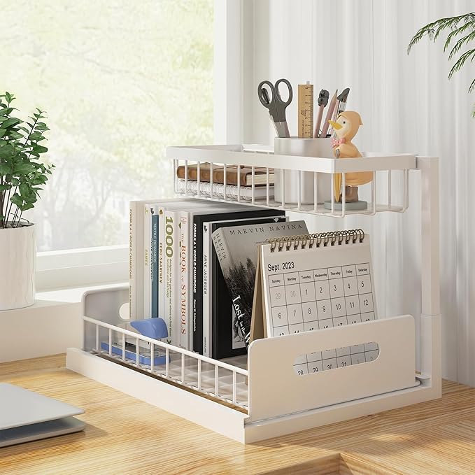 REALINN Under Sink Organizer, Pull Out Cabinet Organizer, 2 Tier Metal Slide Out Shelf with L Shaped Design for Kitchen, Bathroom, Laundry, and Utility Cabinet Storage for Deep Cabinets, White, 2 Pack