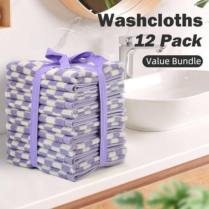 Jacquotha Cotton Washcloth 12 Pack (Lilac Checkered)
