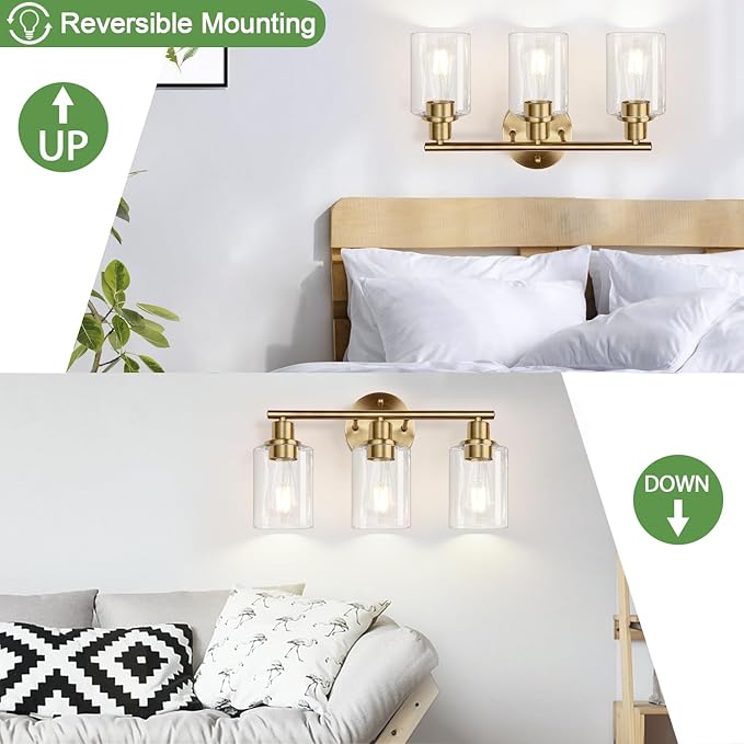 Zarbitta 3-Light Bathroom Light Fixtures, Brushed Brass Bathroom Wall Lights with Clear Glass Shade, Modern Bathroom Wall Lamp for Mirror Kitchen Living Room Hallway Cabinet