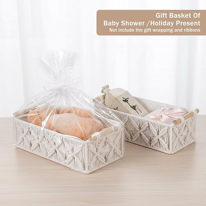 Macrame Storage Baskets 2PCS, Boho Woven Decorative Basket for Organizing with Handle, Countertop Toilet Paper Storage Container for Tank Bedroom Nursery Livingroom Entryway(White)