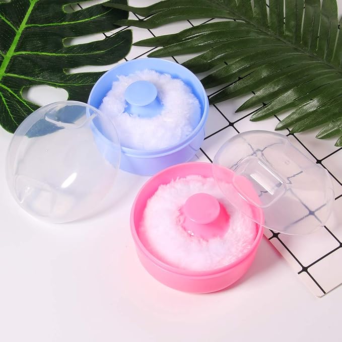 2Pcs Baby Body Cosmetic Powder Puff Body Powder Puff and Container Case (Pink and Blue) (2pcs)