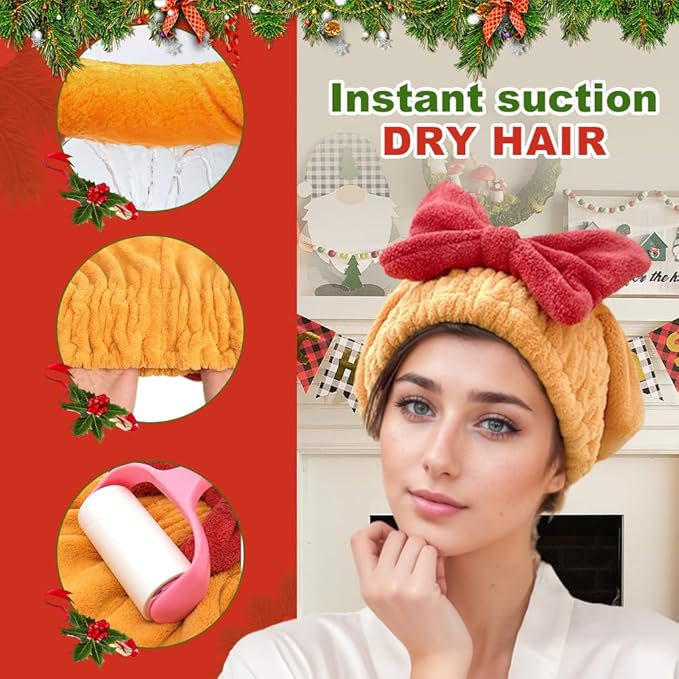 2PCS Microfiber Hair Drying Caps, Christmas Absorbent Hair Towel Wrap for Women Wet Hair Quick-Drying Hair Towels, Soft Bow Tie Wet Hair Towel Wrap for Party Favors Goody Bag Filler (Red+Yellow)
