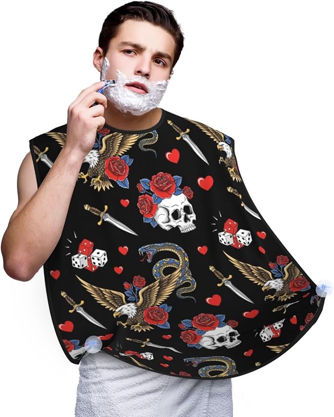 Adjustable Beard Catcher Apron, Vintage Rock Snake Knife Wild Eagle Rose Skull Shave Bib, Non-Stick Waterproof Grooming Bib, Shaving Essential for Men Dad Christmas