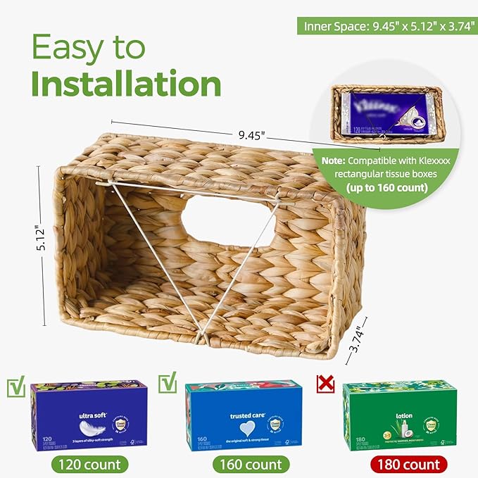 Rectangle Wicker Tissue Box Cover Fits 120-Count (3-Ply) / 160-Count (2-Ply) Boxes, Natural Rattan Woven Facial Tissue Holder, Decorative Tissue Box Holder for Bathroom, Living Room, Office & Desk