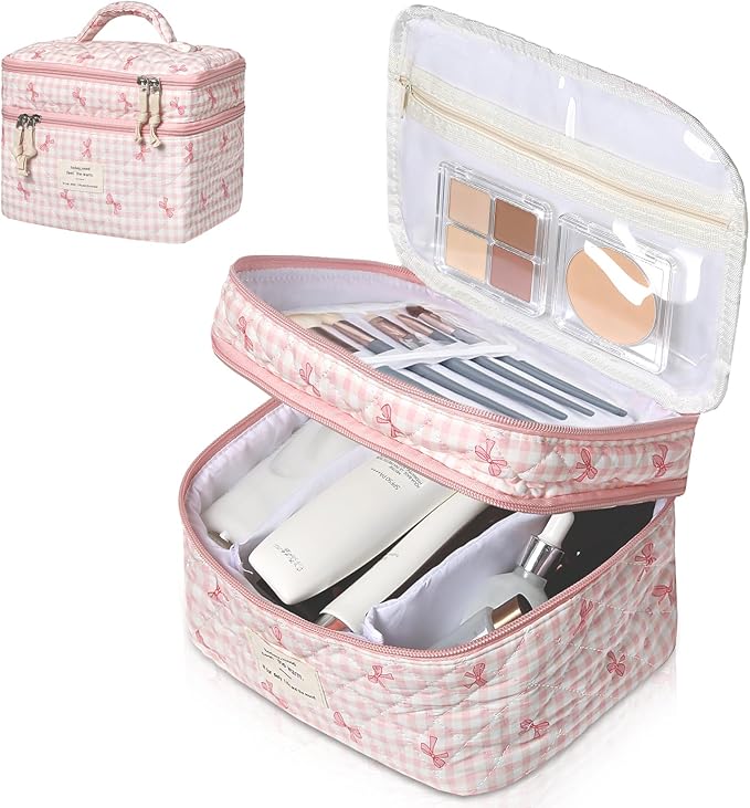 Gosect Makeup Bag, Portable Travel Make up Bag, Large Capacity Quilted Cosmetic Organizer Bag, Cute Floral Toiletry Bag for Women Girls (Pink Bow)