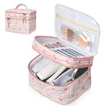 Gosect Makeup Bag, Portable Travel Make up Bag, Large Capacity Quilted Cosmetic Organizer Bag, Cute Floral Toiletry Bag for Women Girls (Pink Bow)