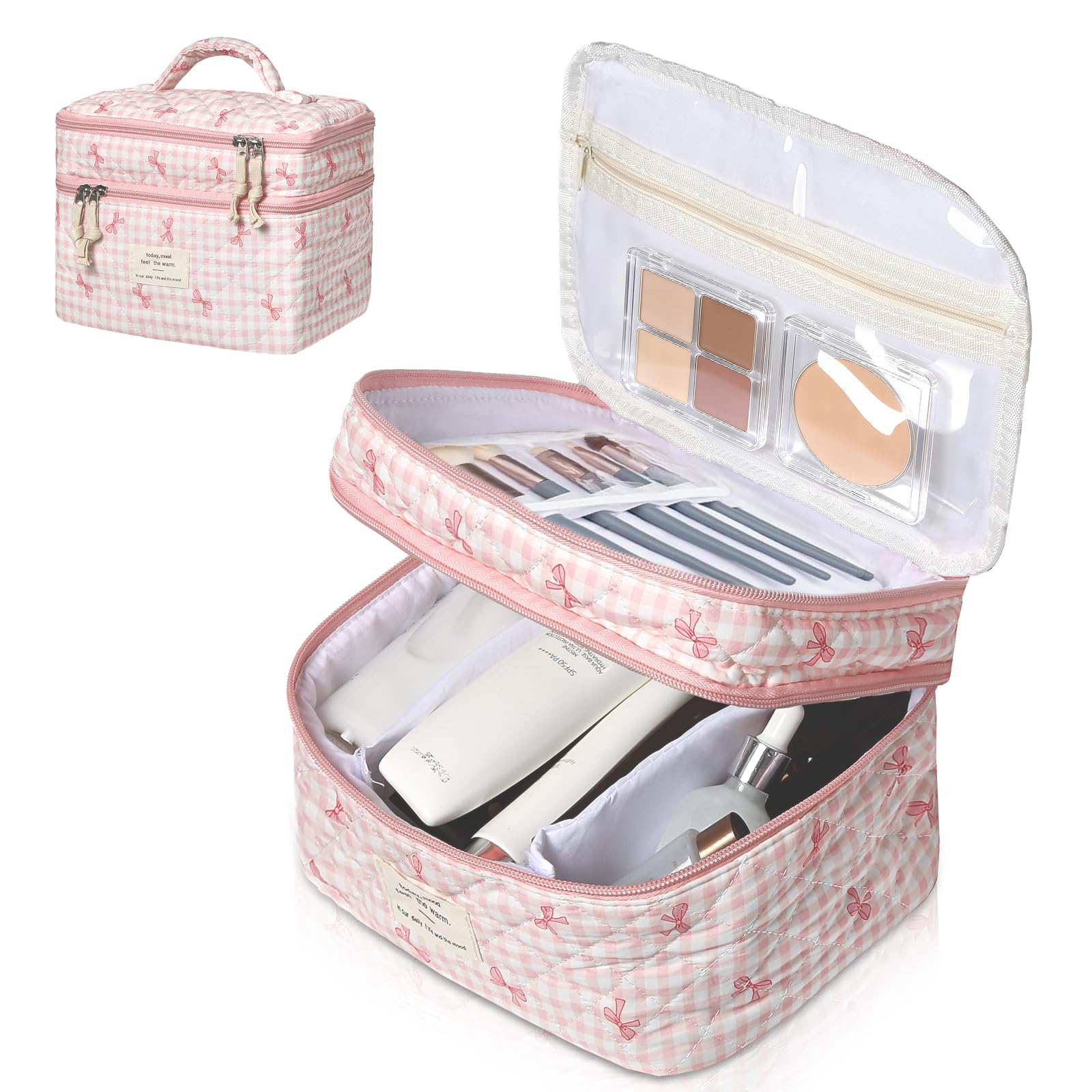 Gosect Makeup Bag, Portable Travel Make up Bag, Large Capacity Quilted Cosmetic Organizer Bag, Cute Floral Toiletry Bag for Women Girls (Pink Bow)