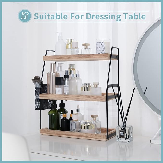 Bathroom Organizer Countertop, 3-Tier Standing Counter Shelf with Basket, Wood Tray for Kitchen Vanity Organizer