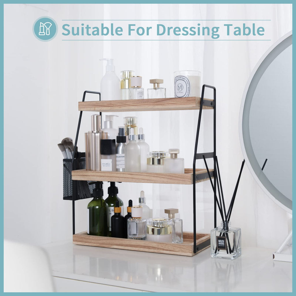 Nroech Bathroom Organizer Countertop, 3-Tier Standing Counter Shelf with Basket, Wood Tray for Kitchen Vanity Organizer