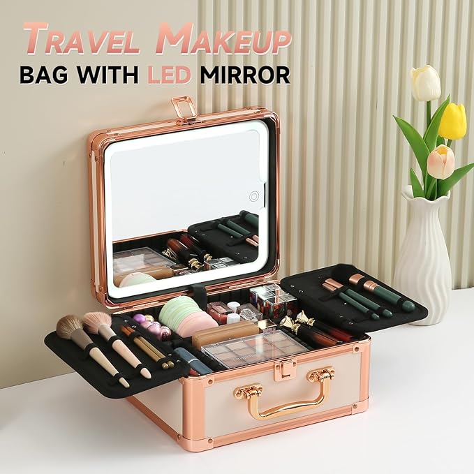 Leeora&Leekoo Makeup Box with Lighted Mirror,Portable Makeup Train Case Organizer (Off white)
