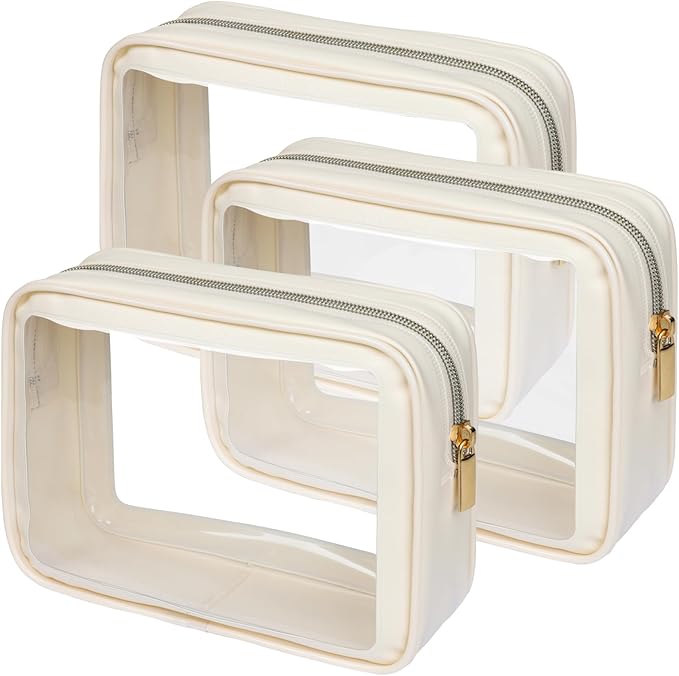 PACKISM Clear Makeup Bag Travel - 3 Pack TSA Approved Toiletry Bag, Beige
