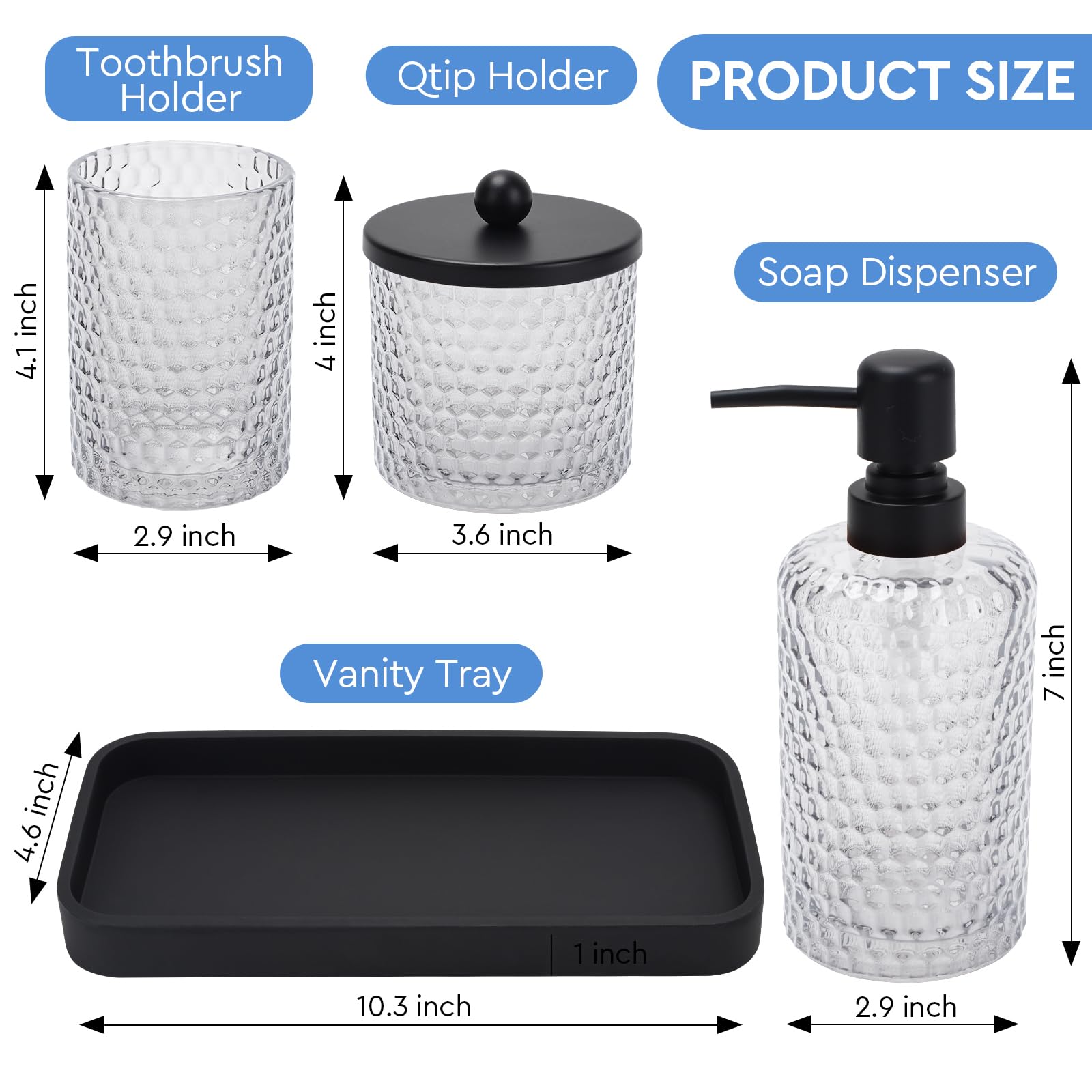 Bathroom Accessory Set,4 Pcs Clear Glass Bathroom Accessories Set-Lotion Soap Dispenser,Toothbrush Holder,Qtip Holder Dispenser & Resin Vanity Tray,Countertop Vanity Organizer,Crystal Clear