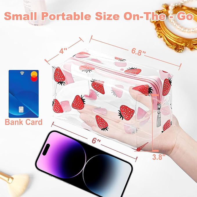 CarryEpic Clear Makeup Bag, Small Clear Toiletry Bag for Travel, Cosmetic Makeup Organizer Bags with Zipper, Plastic PVC Pouch Transparent Zip for Purse Reusable TSA Approved Quart Size (Strawberry)