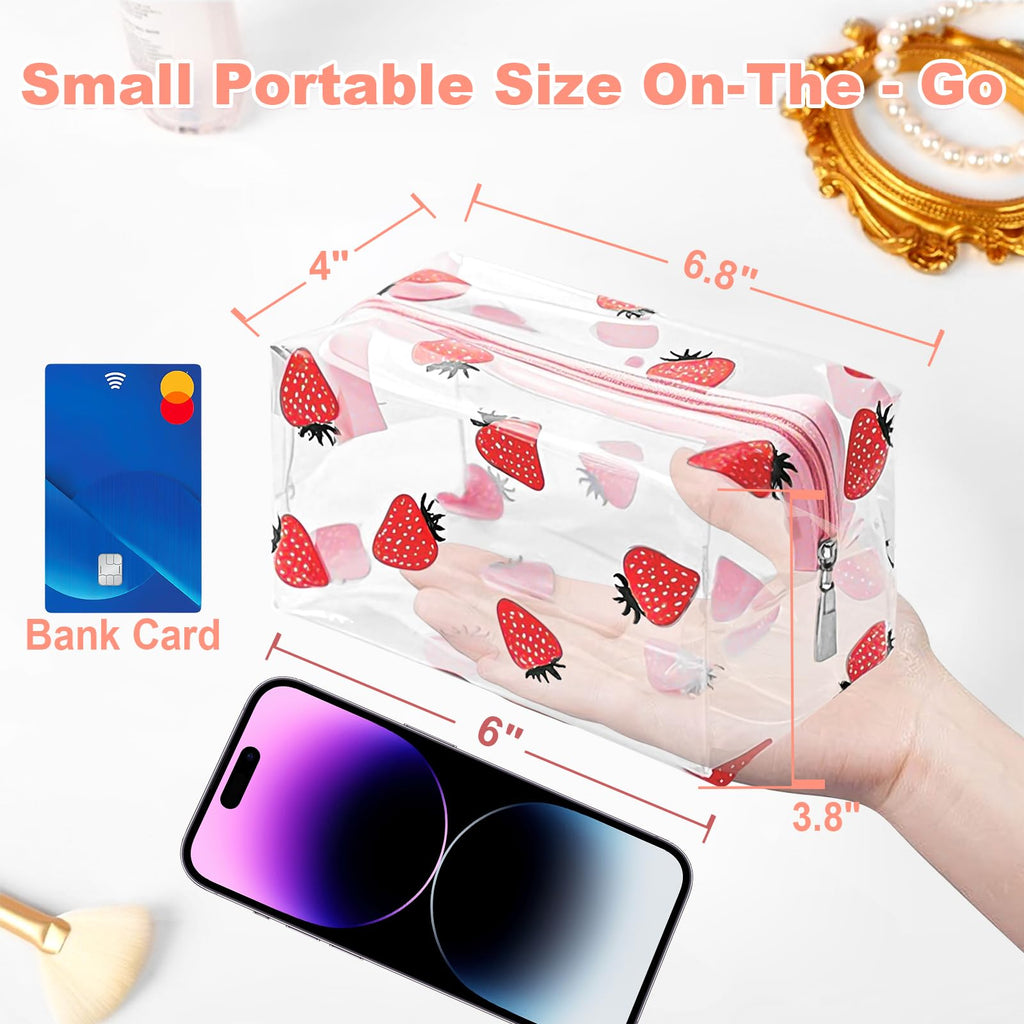 CarryEpic Clear Makeup Bag, Small Clear Toiletry Bag for Travel, Cosmetic Makeup Organizer Bags with Zipper, Plastic PVC Pouch Transparent Zip for Purse Reusable TSA Approved Quart Size (Strawberry)