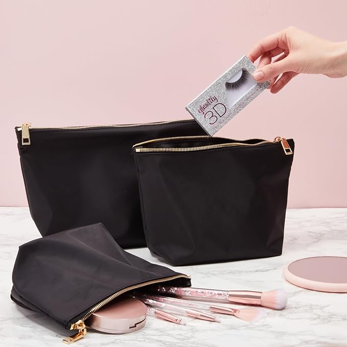 Glamlily 3 Piece Black Makeup Bag Set for Women, Nylon Zipper Cosmetic Pouch Organizers for Travel, Toiletries (3 Sizes)