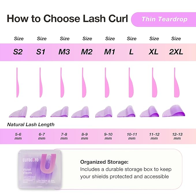 Curacoro Lash Lift Shields, 16 Pcs/8 Sizes Reusable Silicone Rods