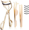 3-in-1 Professional Eyelash Curler Kit – Salon-Perfect Lashes at Home!Includes: Eyelash Curler (w/Replacement Pad), Eyebrow Tweezers & Curved Applicator Toolr – Travel-Friendly & Pain-Free (Gold)