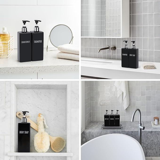 Segbeauty 6 Pack Reusable Shampoo and Conditioner Dispenser, 16.9oz 500ml Black Plastic Soap Dispenser for Bathroom and Kitchen