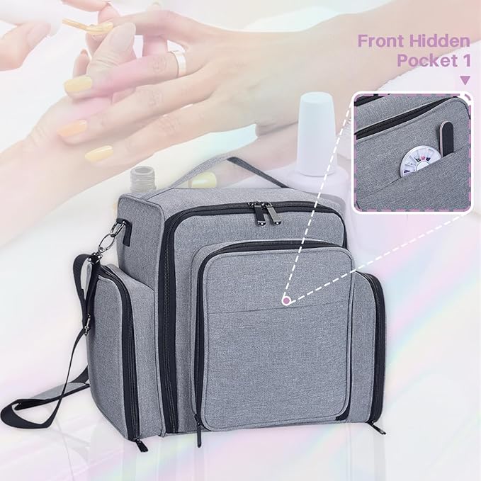 YAHOURWAT Nail Polish Organizer Holds 60 Bottles and a Nail Lamp,Portable Travel Case with 2 Removable Bags and Tools Storage Pockets Grey