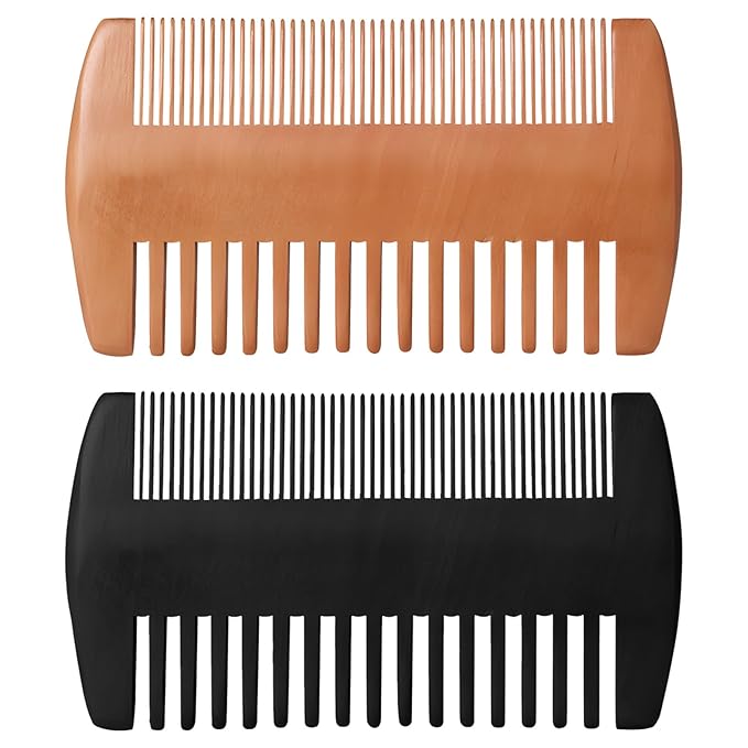 Wooden Beard Comb Kit, Dual Action Fine & Coarse Teeth, Wood Color and Black Pocket Comb for Beards & Mustaches & Hair Grooming Care (2 Pack)