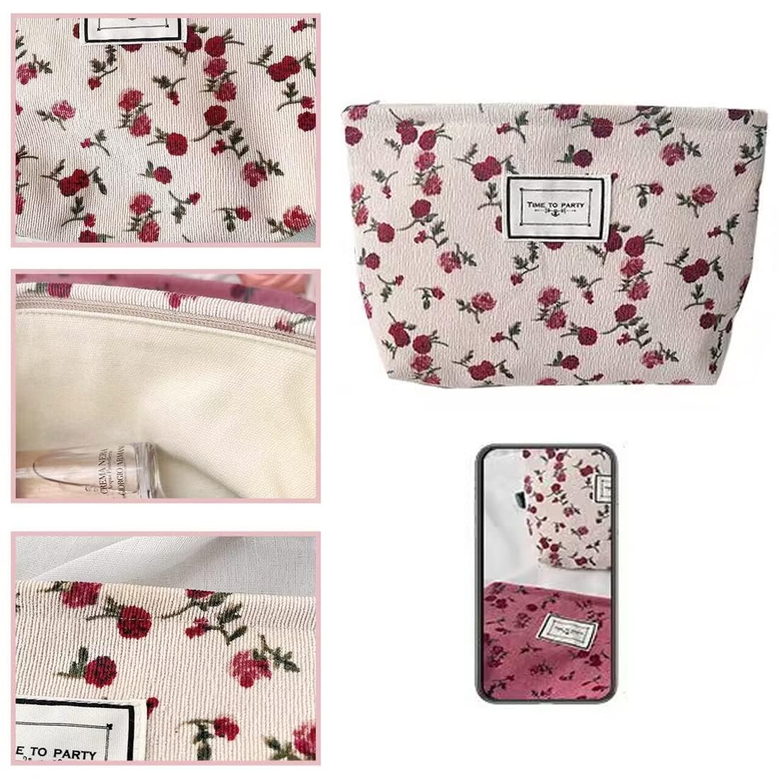 SxoSyo Cosmetic Bags for Purse, Floral Makeup Bag, Dark Red Rose