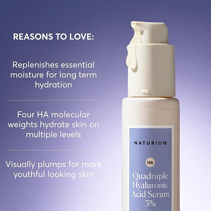 Naturium Quadruple Hyaluronic Acid Serum 5%, Hydrating & Plumping Face Serum, Anti-Aging & Moisturizing Skin Care, Fragrance-Free, 1 oz