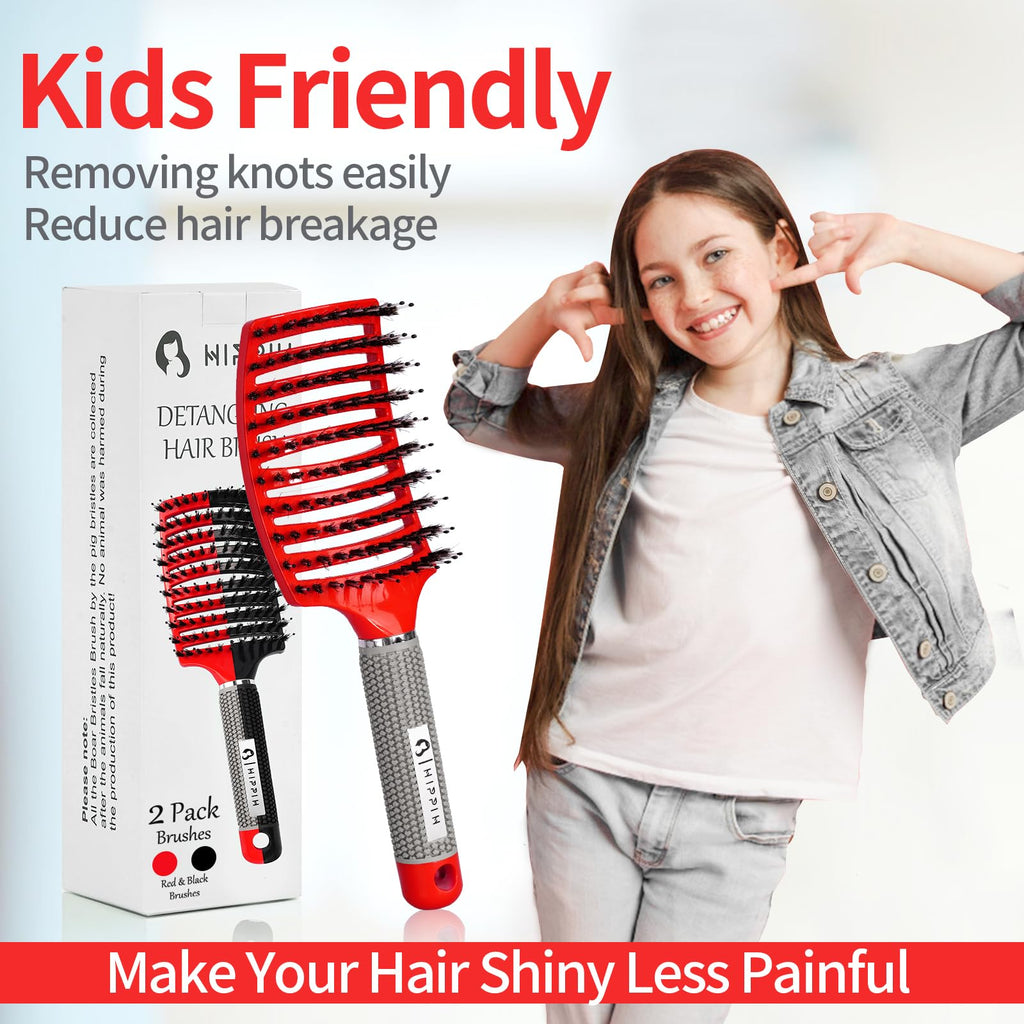 Boar Bristle Hair Brush Set of 2, HIPPIH Wet & Dry Hair Brushes Made by Fine Natural Boar Hair Can Adds Shine and Smoothing, Detangling Hairbrush for Women, Men & Kids' Long Curly Thick Hair
