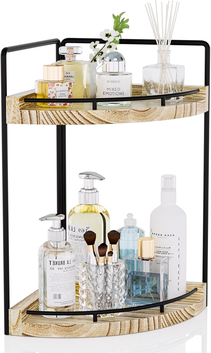 CeleVista Corner Bathroom Counter Organizer, 2 Tier Wood Vanity Storage, Waterproof Skincare Shelf for Kitchen & Toiletries Decor, Dresser (Rustic-2 Tier)