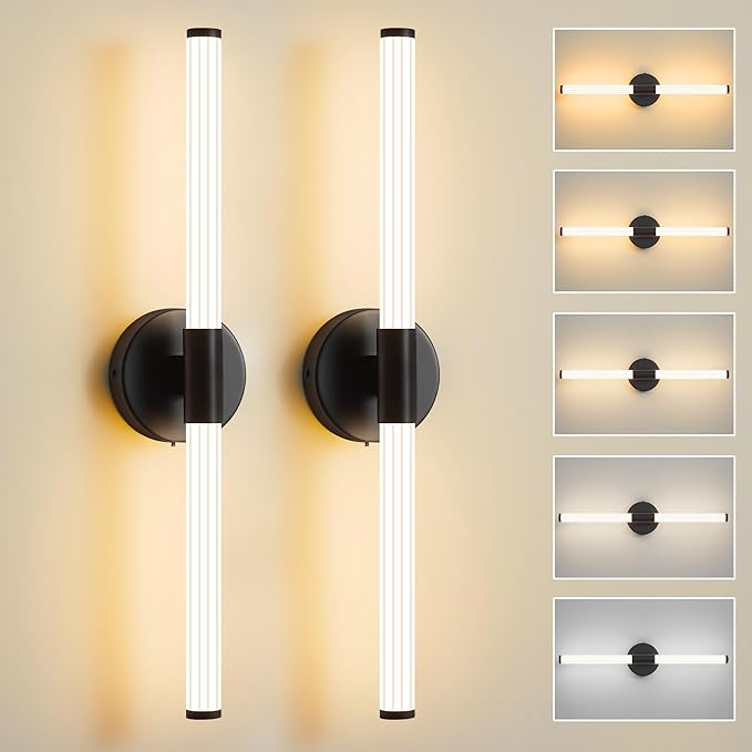 Bathroom Wall Sconces Set of 2 Hardwired, Dimmable 5CCT LED Bathroom Light Fixtures Over Mirror, 360° Full Lighting 23 inch Black Vanity Light Bar Modern Wall Sconce for Bedroom Living Room