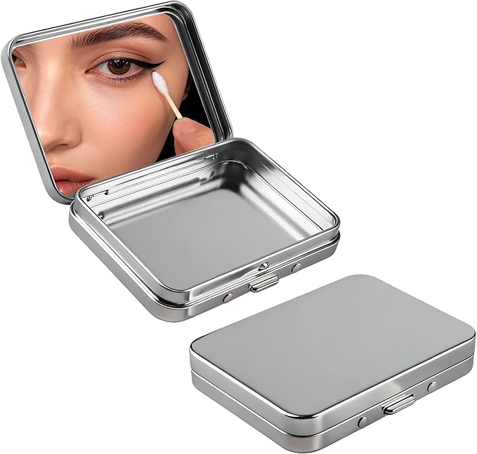2Pcs Portable Cotton Swab Holder with Mirror, Refillable Dental Floss Case Container, Small Floss Picks Box for Travel,Dates(Silver)