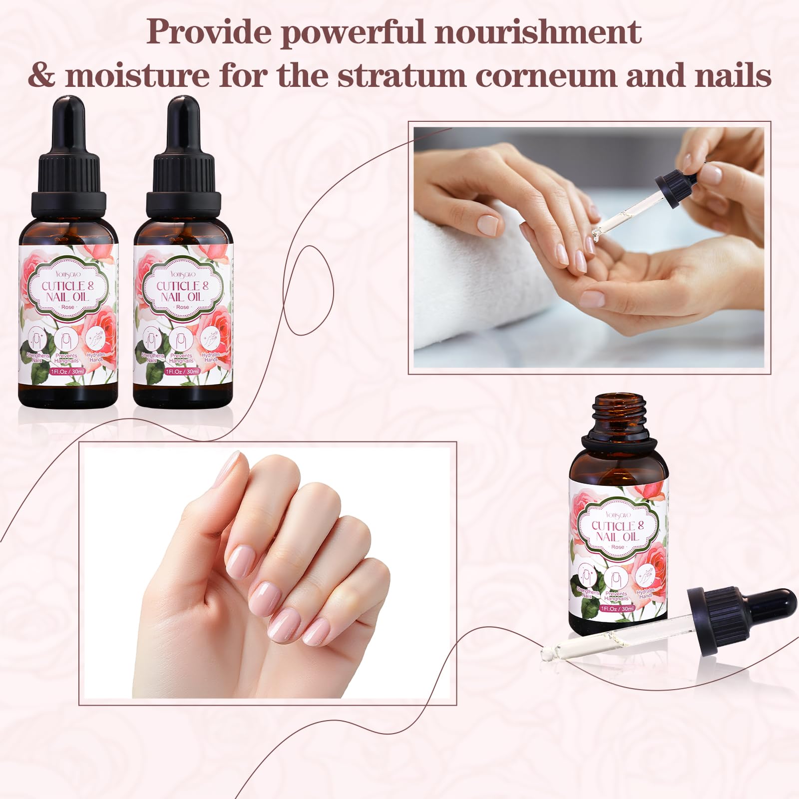 yonisayo 3 in 1 Cuticle Oil, 3 Pack Rose Nails Care Oil to Strengthen Brittle Nails, Hydrate Dry Cuticles & Soften Hands, Fast-Absorbing