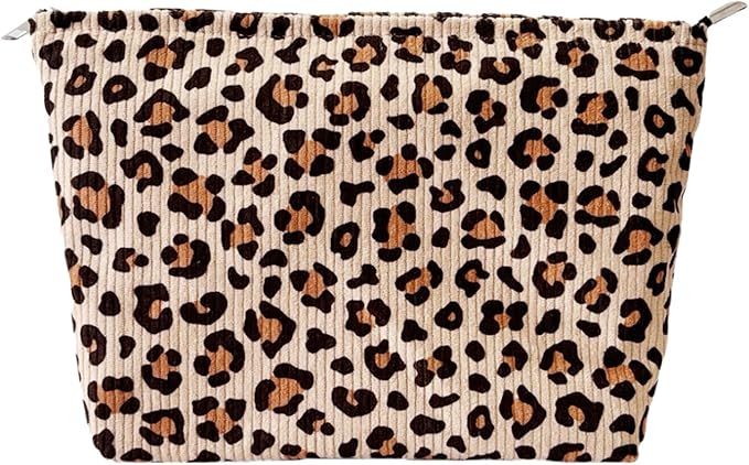 itgowisa Leopard Print Corduroy Makeup Bag, Travel Makeup Pouch for Purse